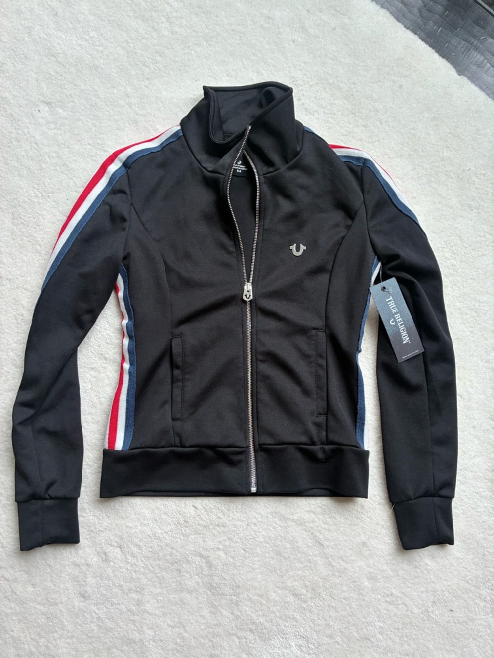 True Religion Black Jacket with Red, White & Navy Stripe Detail - Picture 2 of 5